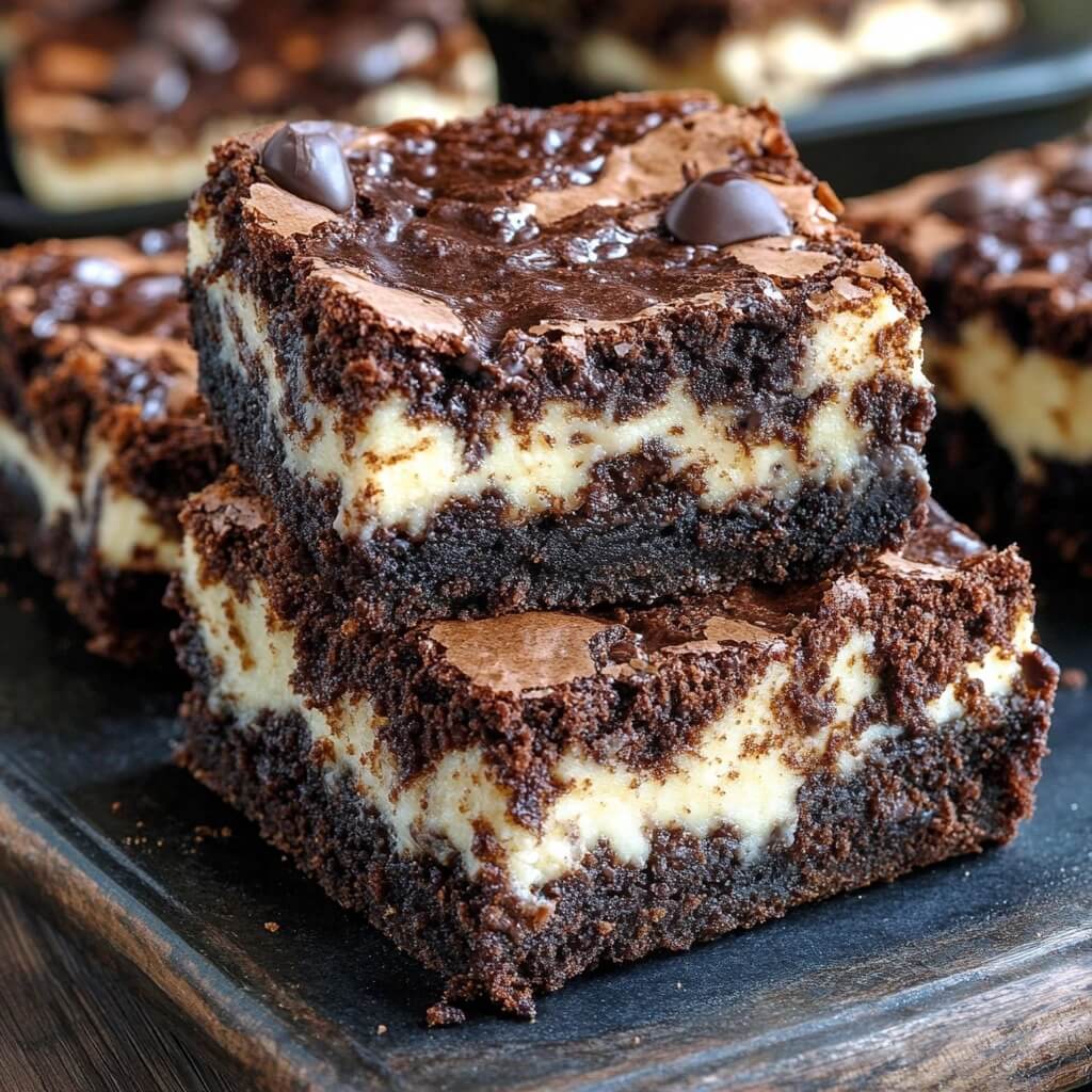 A close-up of two stacked cheesecake brownies on a dark wooden surface, showcasing layers of rich chocolate brownie and creamy white cheesecake swirled together, topped with chocolate chips. More brownies are visible in the blurred background.