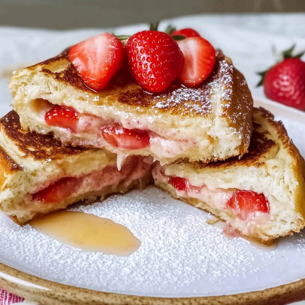 Two slices of golden-brown French toast stacked on a white plate, revealing a creamy white filling studded with sliced red strawberries. The top is garnished with fresh strawberry halves, dusted with powdered sugar, and drizzled with syrup.