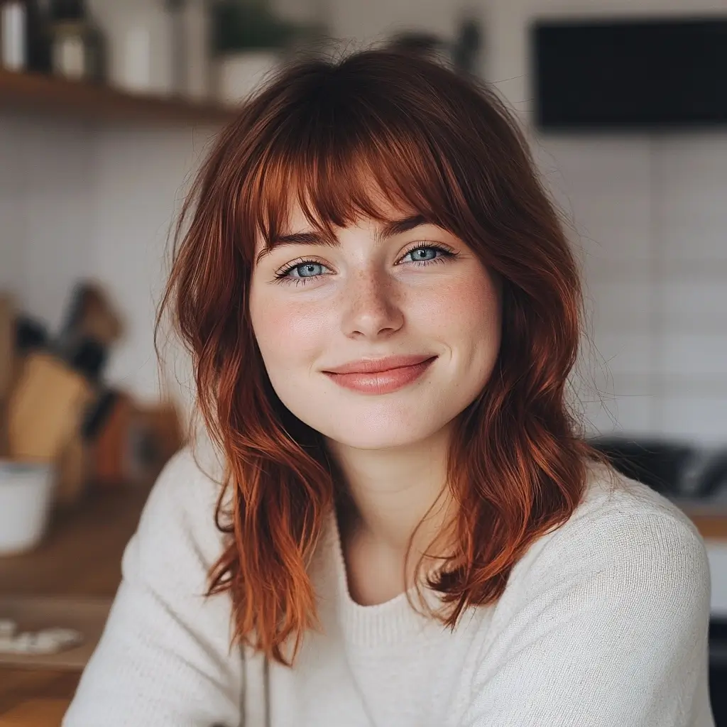 A portrait of Ava, the individual behind bestrecipes101.com, a fair-skinned woman with reddish-brown hair, bangs, and striking blue eyes, offering a warm smile.