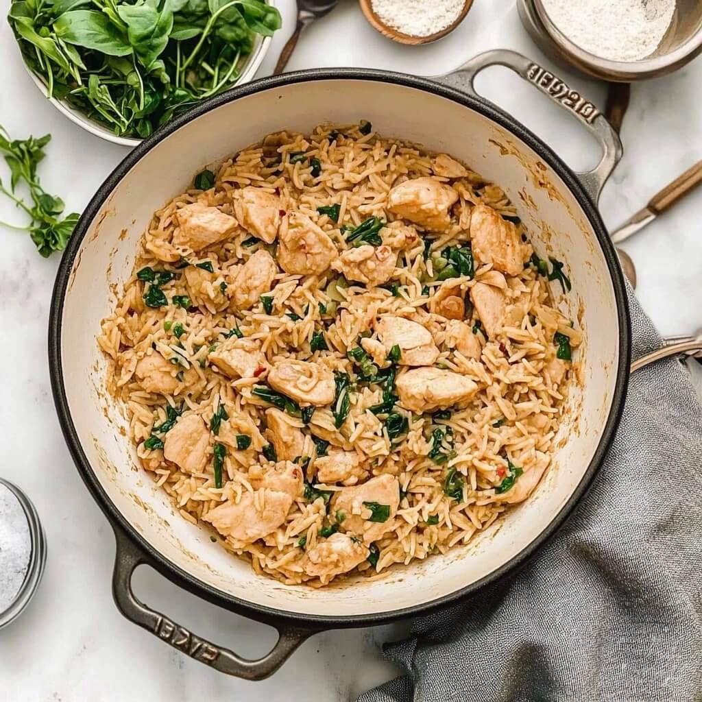 An overhead shot of a skillet filled with chicken orzo, featuring tender pieces of chicken, orzo pasta, and spinach in a light sauce.