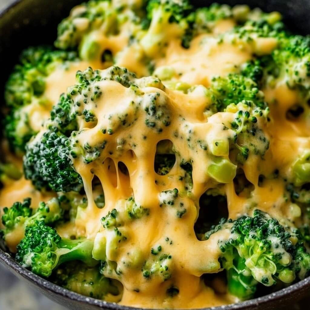 A close-up of vibrant green broccoli florets generously coated in a smooth, melted, and cheesy yellow sauce, with visible cheese pulls. The dish is served in a dark bowl.