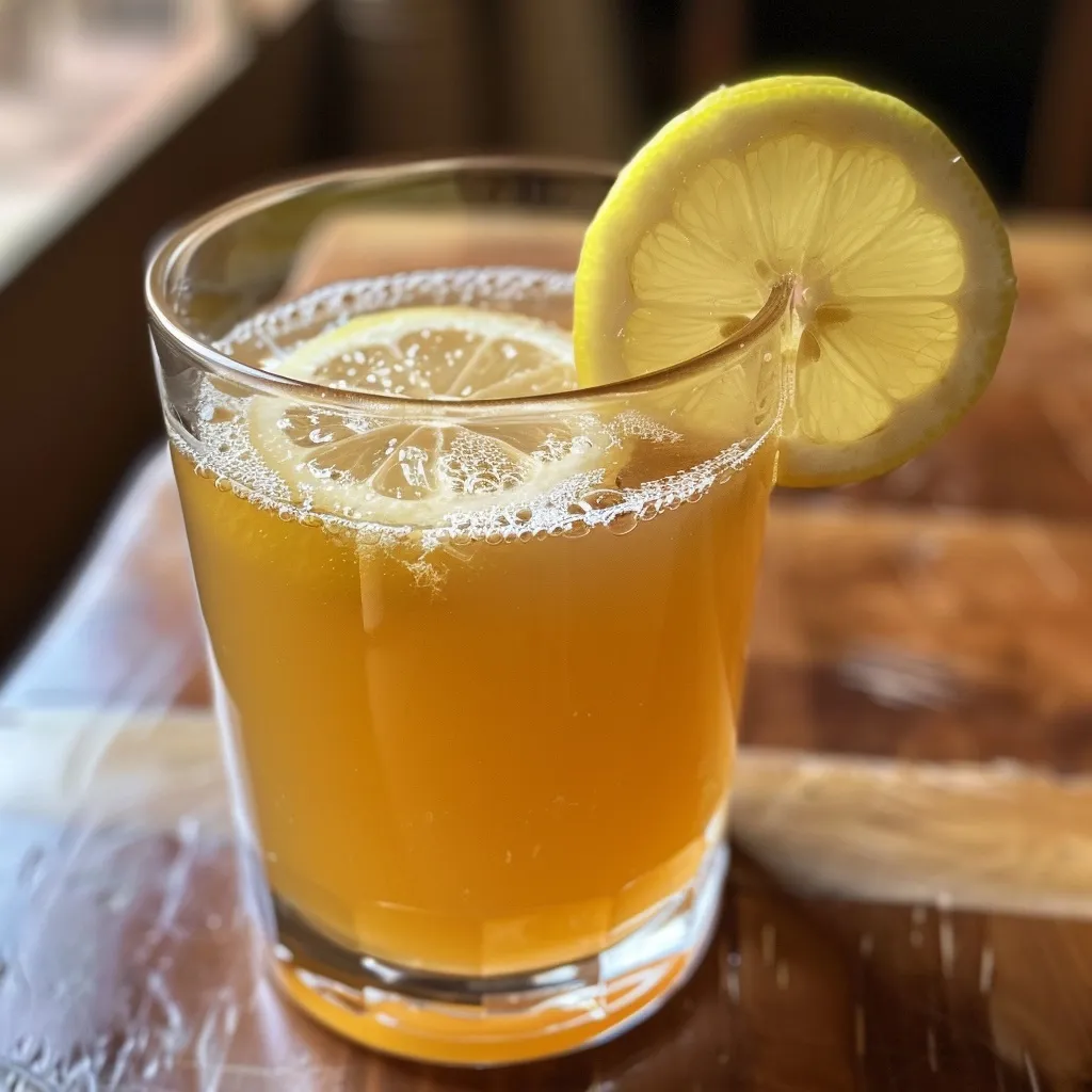 Refreshing iced drink with lemon, ginger, honey, and mint.