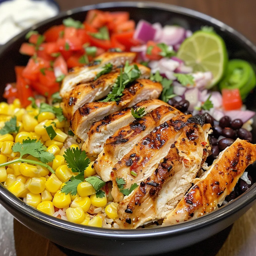 Grilled chicken and corn rice bowl with creamy sauce and lime wedges.