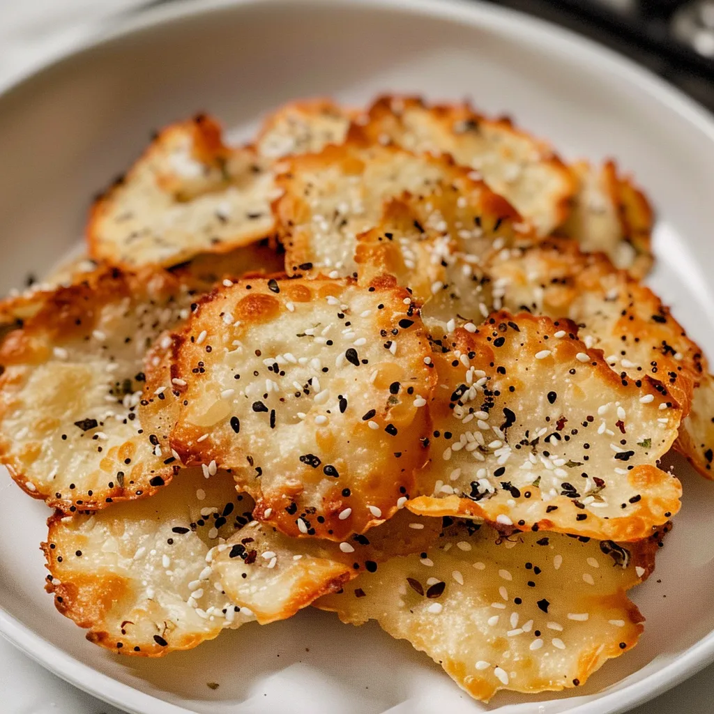 Close-up of crispy cottage cheese chips sprinkled with black sesame seeds.