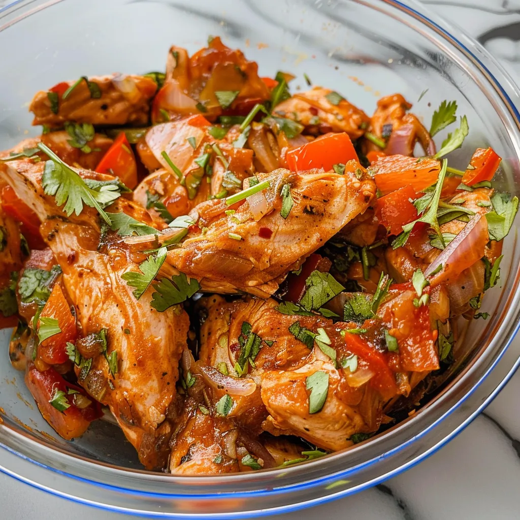 Chicken pieces marinated in a vibrant orange sauce inside a resealable plastic bag.
