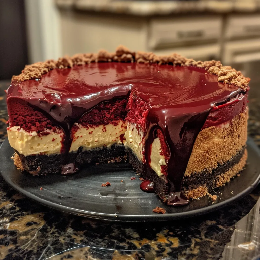 A slice of decadent red velvet cheesecake, layered with creamy cheesecake and red velvet cake, topped with red velvet crumbs and a glossy glaze.