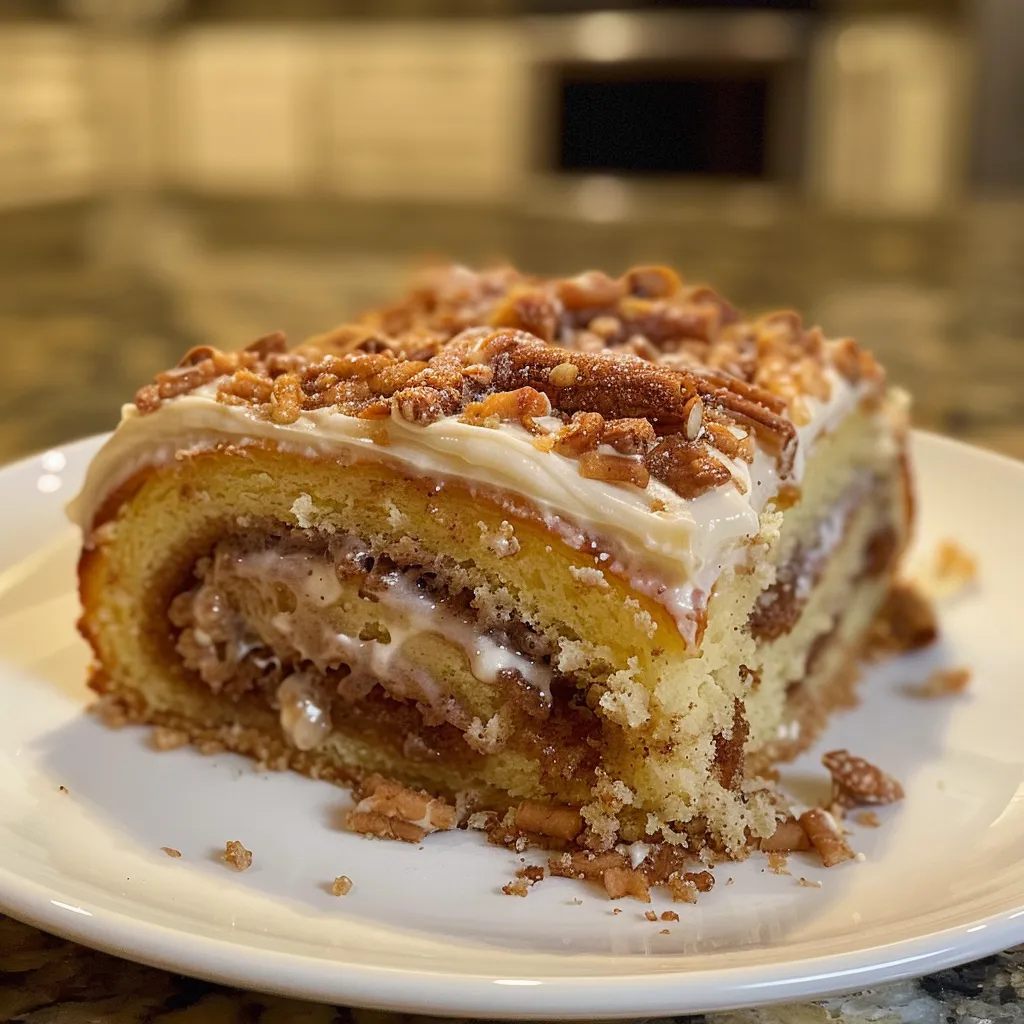 A delicious slice of cinnamon roll cake, glazed and ready to eat.