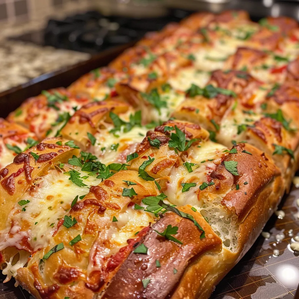 Close-up of several golden-brown garlic breadsticks topped with melted cheese and parsley.
